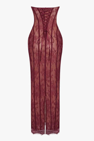 Sheer Lace Corset Strapless Long Dress with Lace-Up Back