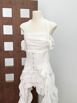 Corset Halter Asymmetric Ruffle Long Dress with Lace-Up Back