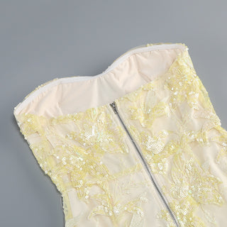 Elegant Strapless Floral Lace Embroidered Long Dress with Sequin Detail