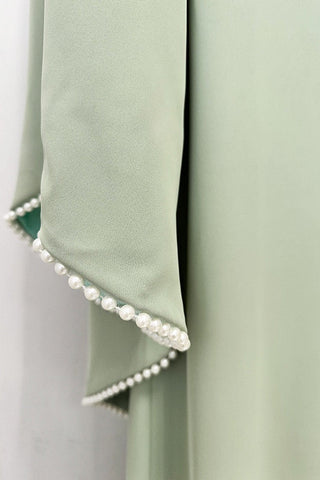 Pearl Trim Minimal Design Dress – Chiffon Material, Long Flared Sleeves
