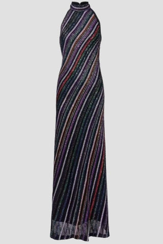 Halter Neck Open-Back Striped Knit Long Evening Dress