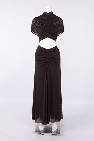 Ruched Mesh Short Sleeve Cut-Out Long Dress