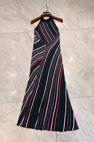 Halter Neck Open-Back Striped Knit Long Evening Dress