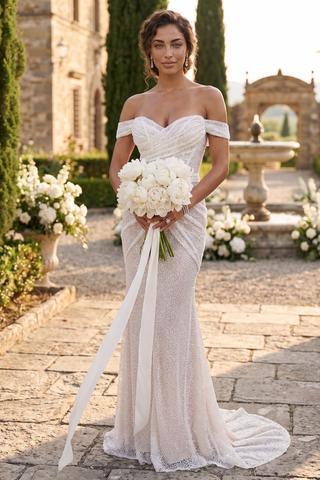 Off-Shoulder Sequin Draped & Ruched Long Evening Dress
