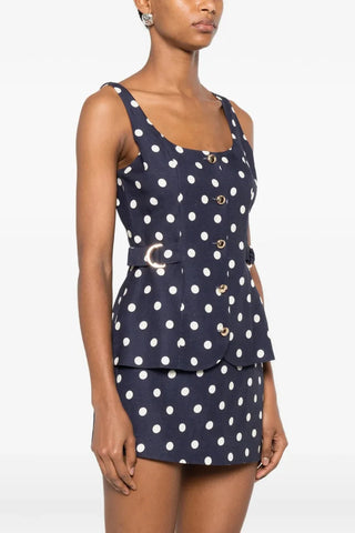 Polka Dot Top & Skort Set – Gold Button Detail, Side Buckle Accent & High-Waisted Skort