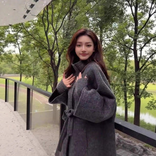 Oversized Belted Wool-Blend Coat with High Neck