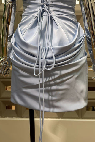 Satin Draped Off-Shoulder Sleeveless Mini Dress with Lace-Up Back