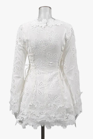 Lace Long Sleeve Mini Dress – V-Neck with Floral Detail & Adjustable Side Fit