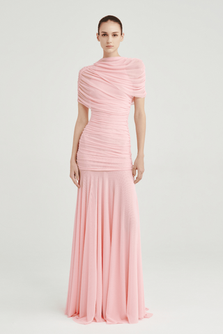 Ruched Off-Shoulder Long Dress – Draped Top & Flowing Skirt