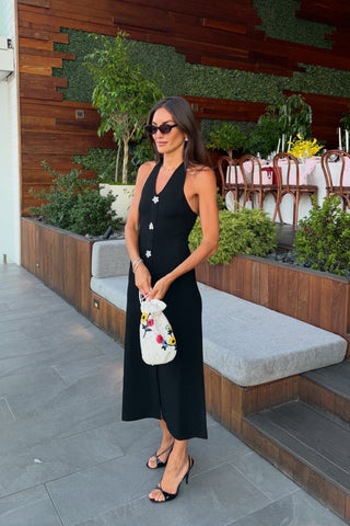 Pearl Floral Button Halter Long Dress