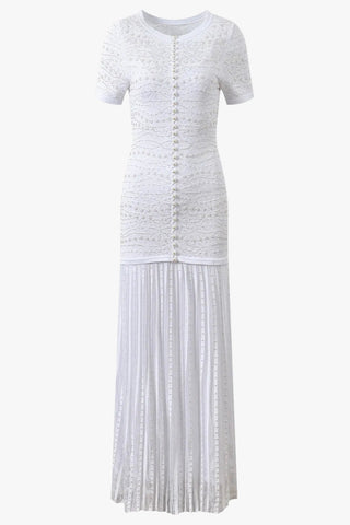 Pearl Embellished Knit Long Dress with Pleated Skirt – Short Sleeve
