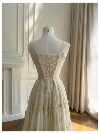 Embroidered Lace Corset Sleeveless Long Dress with Tiered Skirt