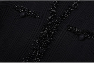 Ribbed Knit Long Dress with Pearl Trim Details & Long Sleeves