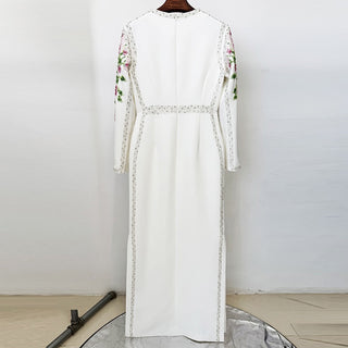 Floral Beaded Long Sleeve Long Dress with Crystal Embellishment