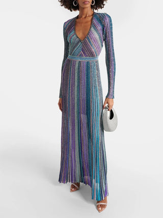 Metallic Striped Knit Maxi Dress with V-Neck and Long Sleeves