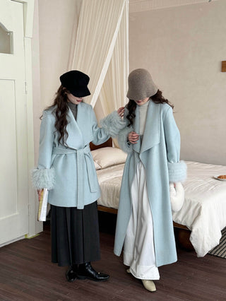 Luxury Wool-Blend Wrap Coat with Faux Fur Cuff Sleeves