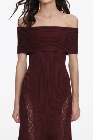 Luxe Ribbed Knit Off-Shoulder Lace Panel Long Dress