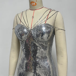 Crystal Strap Sequin Corset Bodycon Long Dress