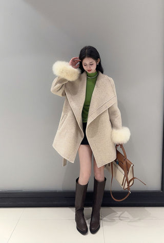 Wrap Belted Wool-Blend Jacket with Fur Cuffs