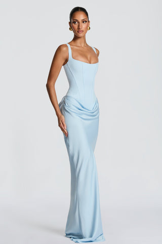 Romantic Sleeveless Corset Long Dress with Draped Waist & Lace-Up Back