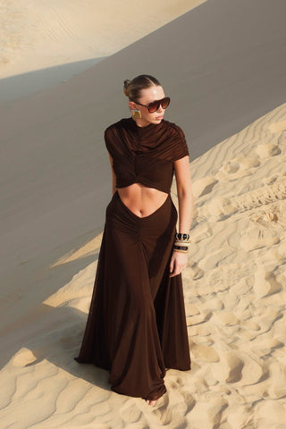 Ruched Mesh Short Sleeve Cut-Out Long Dress