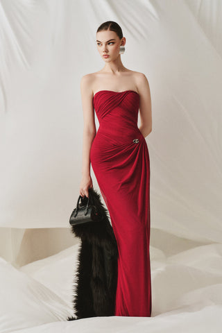 Soft Mesh Draped Strapless Long Dress with Sheer Scarf