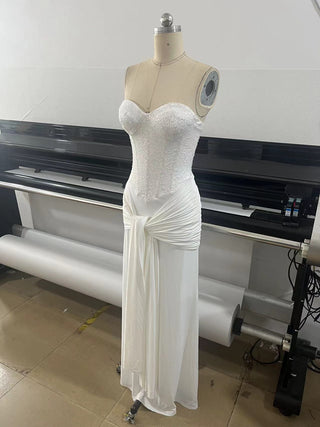 Sequin Corset Strapless Sweetheart Ruched Draped Long Dress
