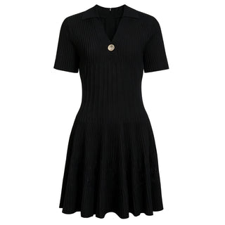Ribbed Knit Collared V-Neck Short Sleeve Mini Dress with Flared Skirt