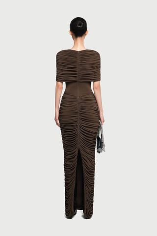 Velvet Ruched Cape Shoulder Short Sleeve Long Dress