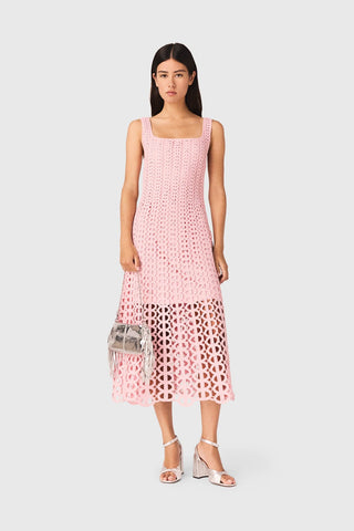 Crochet Knit Midi Dress with Crystal Embellishments & Sleeveless Square Neck Design