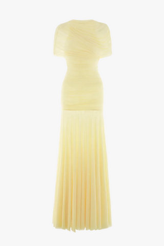Ruched Off-Shoulder Long Dress – Draped Top & Flowing Skirt