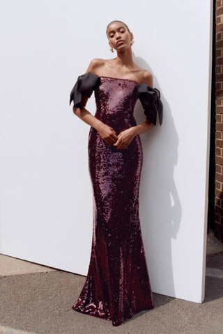 Sequin Bow Off-Shoulder Long Dress – Fitted Evening Gown