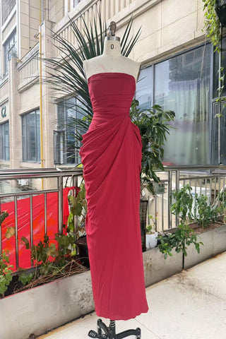 Strapless Ruched Long Dress with Lace-Up Back & High Slit
