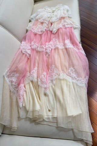 Tiered Lace Long Dress – Layered Ruffle Design, Crisscross Back & Flowy Fit