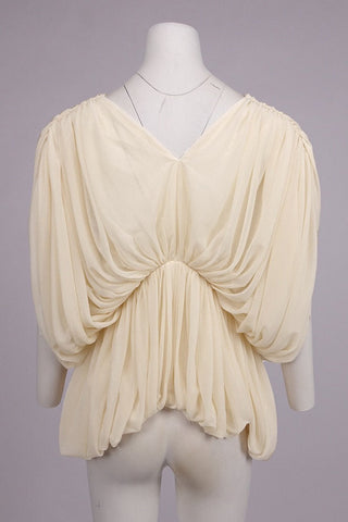 Draped Chiffon V-Neck Asymmetric Top with Batwing Sleeves