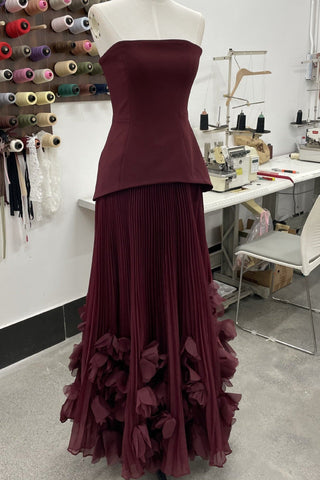 Strapless Lace-Up Corset Long Dress with Pleated Skirt and 3D Floral Trim