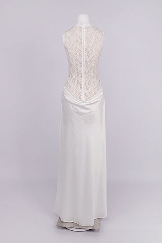 Sleeveless High Neck Lace & Draped Satin Rosette Long Dress