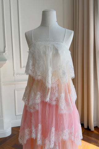 Tiered Lace Long Dress – Layered Ruffle Design, Crisscross Back & Flowy Fit
