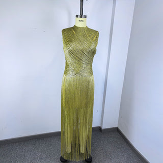 Metallic Fringe High Neck Sleeveless Long Dress