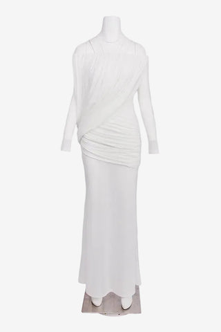 Off-Shoulder Draped Mesh Long Sleeve Long Dress