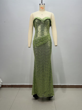 Strapless Sequin Corset Ruched Long Dress