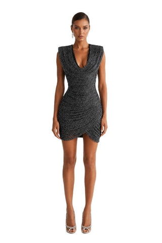 Metallic Draped Cowl Neck Sleeveless Bandage Mini Dress