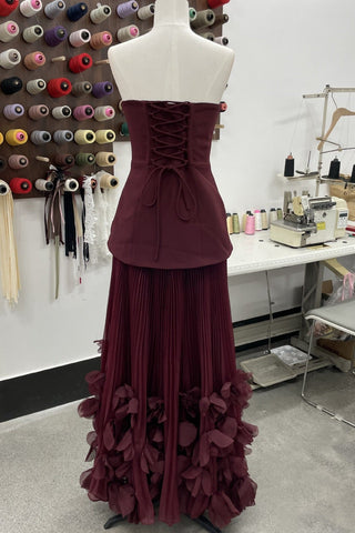 Strapless Lace-Up Corset Long Dress with Pleated Skirt and 3D Floral Trim