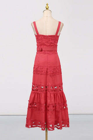 Statement Lace Cutwork Belted Tiered Long Dress