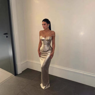 Crystal Strap Sequin Corset Bodycon Long Dress