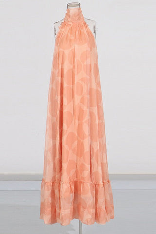 Sleeveless Halter Neck Open-Back Printed Chiffon Long Dress with Ruffle Hem