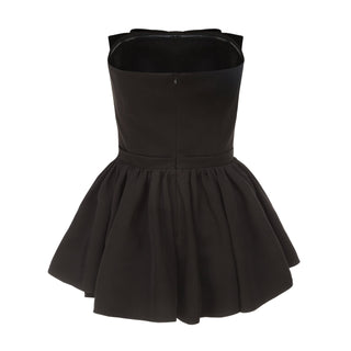 Bow-Detail Strapless Mini Romper with Flounce Skirt Overlay