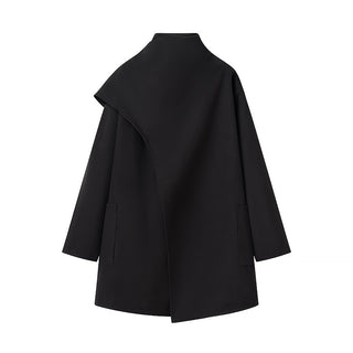 High Neck Asymmetric Wool Blend Coat with Side Pockets