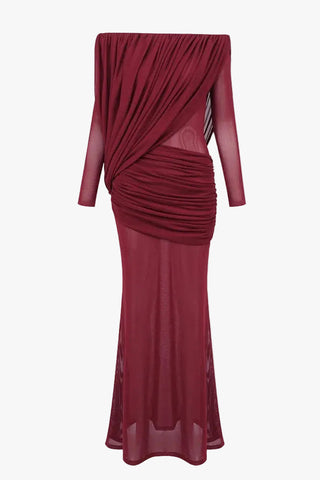 Off-Shoulder Draped Mesh Long Sleeve Long Dress