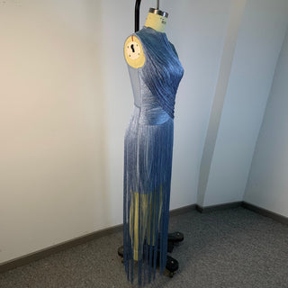Metallic Fringe High Neck Sleeveless Long Dress